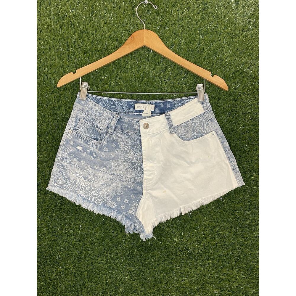 Happily Grey Mixed Bandana Print Cut-Off Denim Shorts - Two-Tone Blue/White